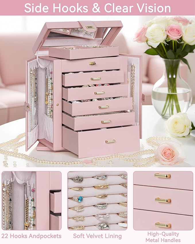 AKOZLIN 360° Rotating Jewelry Box 6-Tier Organizer Functional Jewelry Storage Case for Women Girls Ring Necklace Earring Bracelet Holder with Mirror Pink-CubbioJoy