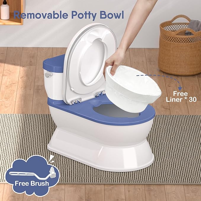 2-in-1 Toddler Potty Training Toilet - Larger Potty Chair & Detachable Training Seat for Boys & Girls Ages 1-3 with Flushing Sound, Wipes Storage, Toilet Paper Holder - Blue-CubbioJoy