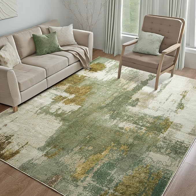 Kelarea Living Room Rug, 6x9 Rug Modern Abstract Washable Rugs Green Faux Wool Vintage Carpets, Non Slip Rugs for Bedroom, Dining Room, College Dorm, Kids Playroom, Home Office-CubbioJoy