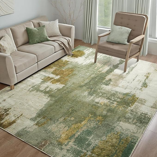 Kelarea Living Room Rug, 6x9 Rug Modern Abstract Washable Rugs Green Faux Wool Vintage Carpets, Non Slip Rugs for Bedroom, Dining Room, College Dorm, Kids Playroom, Home Office-CubbioJoy