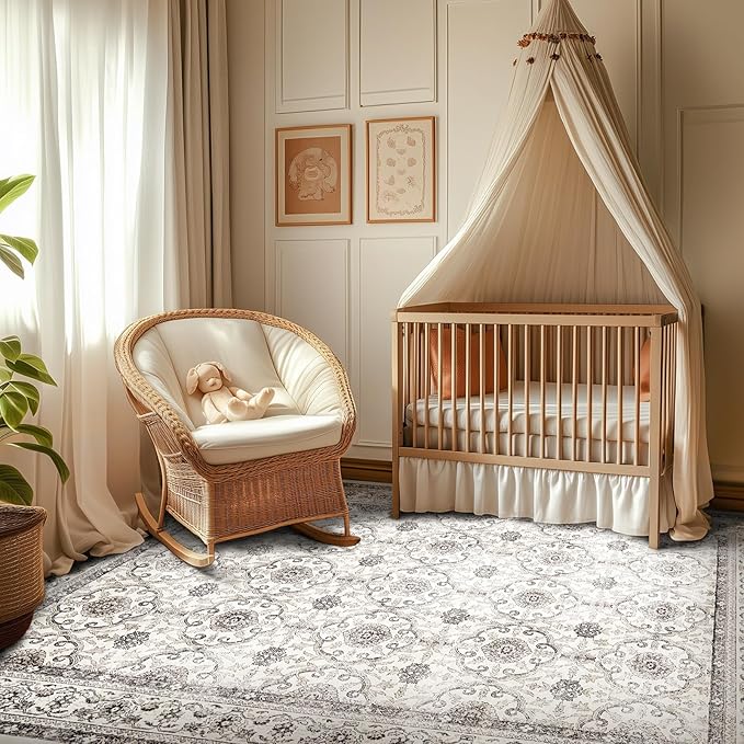 jinchan Floral Area Rugs 4x6 - Machine Washable Vintage Distressed Boho Design Throw Rug Stain Resistant Carpet Low Pile Ultra-Thin Non-Slip for Bedroom Living Room Dining Room Kitchen (4‘x6',Beige)-CubbioJoy