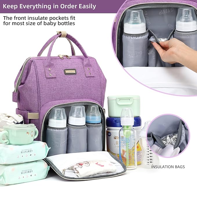 Diaper Bag Backpack, Diaper Bags for Baby Girls Boys, Baby Bags for Moms Dads, Nappy Changing Bag with Insulated Pockets,Multi-functional Waterproof Backpack with Stroller straps-Purple-CubbioJoy