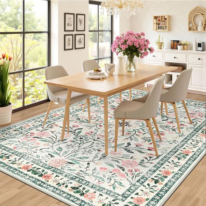 Area Rug Living Room Rugs: Floral 5x7 Washable Rug Vintage Soft Boho Non-Slip Carpet Indoor Stain Resistant Large Carpets for Bedroom Dining Room Farmhouse Nursery Hallway Home Office Green Beige-CubbioJoy