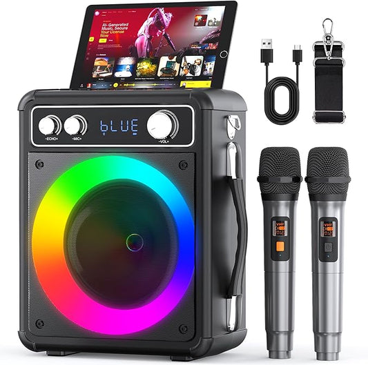 Karaoke Machine, Portable Bluetooth Karaoke Speaker with 2 Wireless Microphones, PA System for Adults Kids with LED Lights, Supports FM/AUX/USB/TF for Home Party-CubbioJoy