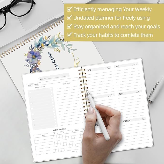 Undated Weekly Planner, Weekly To Do List Notebook with Goal & Habit Tracker Organizer, A5 5.8" x 8.0" Weekly Planner Notebook with Spiral Binding for Men or Women-CubbioJoy