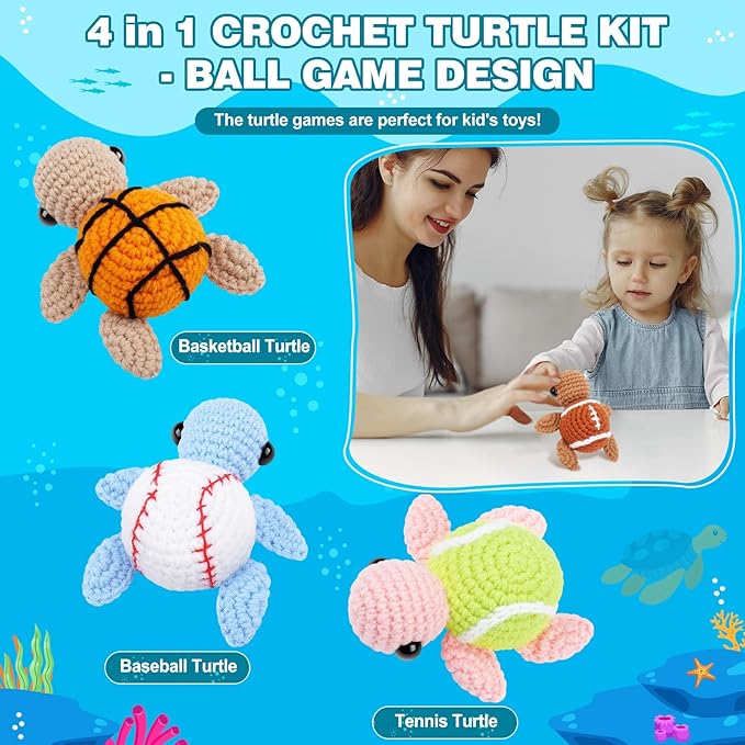 Crochet Kit for Beginners -4 PCS Turtle Crochet Kit with Step-by-Step Video Tutorials, Beginner Crochet Kits for Adults, Animal Crochet Turtle Ball Games Set-CubbioJoy