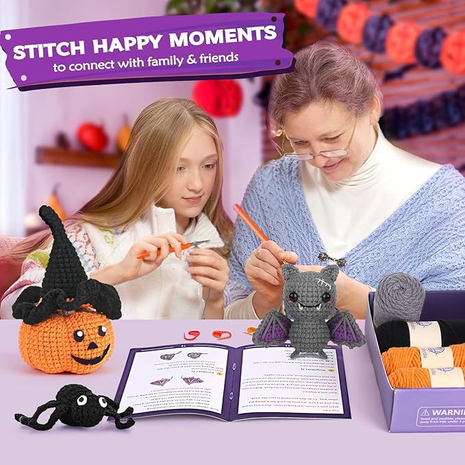 Crochetta Crochet Kit for Beginners, Halloween Decorations, Pumpkin Spider Bat Crochet Animal Kit for Adults and Kids with Step-by-Step Video Tutorials, DIY Knitting(40%+ Yarn)-CubbioJoy