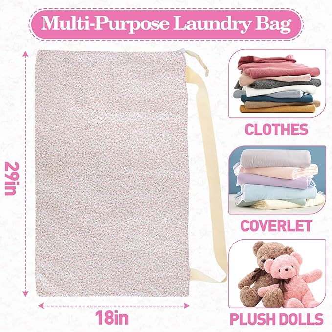College Laundry Bag, Dirty Clothes Laundry Bag With Drawstring Handles For College Dorm Laundromat Apartment Travel Camp 29" X 18" Women Girls Back To School Birthdays Gift, Pink Florals-CubbioJoy