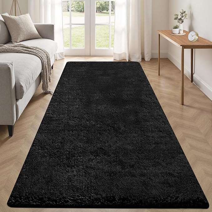 2x6 Runner Rug for Bedroom: Fluffy Shag Soft Washable Rugs Small Fuzzy Plush Indoor Carpet for Hallway Bedside Dorm Kids Girls Boys Room (Black, 2'x6')-CubbioJoy