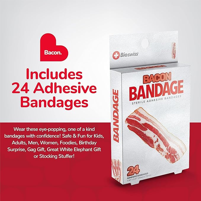 BioSwiss Bandages, Bacon Shaped Self Adhesive Bandage, Latex Free Sterile Wound Care, Fun First Aid Kit Supplies for Kids, 24 Count-CubbioJoy