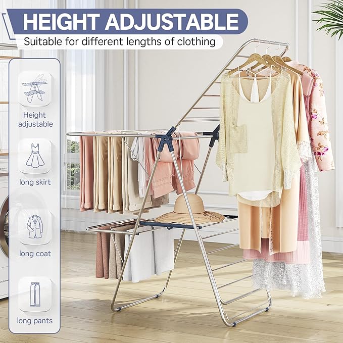 APEXCHASER Clothes Drying Rack with 4 Wings, Stainless Steel Drying Rack Clothing with Height-Adjustable, Foldable Gullwings Laundry Drying Rack, Indoor Outdoor Use, No Assembly, Blue-CubbioJoy