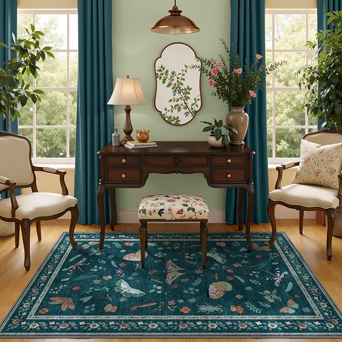 3x5 Washabl Rug with Insect Print - Bug Rug Non-Shedding Stain Resistant Soft Small Carpet for Bedroom, Low Pile Ultra-Thin Machine Washable Carpet for Nursery,Entrance, Office (3'x5' Teal)-CubbioJoy