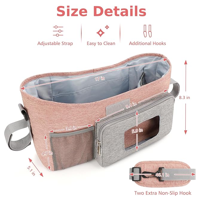 Accmor Universal Stroller Organizer with Insulated Cup Holder, Stroller Caddy Bag Accessories, Stroller Cup Holder Organizer for Uppababy Baby Jogger Britax Stroller, Pink-CubbioJoy