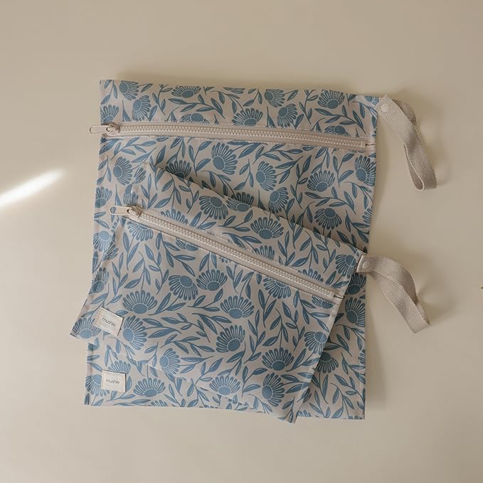 mushie Water Resistant Wet Bags | Large & Small Reusable Storage Bag for Baby Items and Travel | Zippered Pockets with Handle | Machine Washable, Set of 2 (Blue Flowers)-CubbioJoy