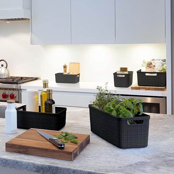 Curver Set of 8 Jute Slim Decorative Plastic Organization and Storage Baskets, Perfect Bins for Home Office, Closet Shelves, Kitchen Pantry and All Bedroom Essentials, Black-CubbioJoy