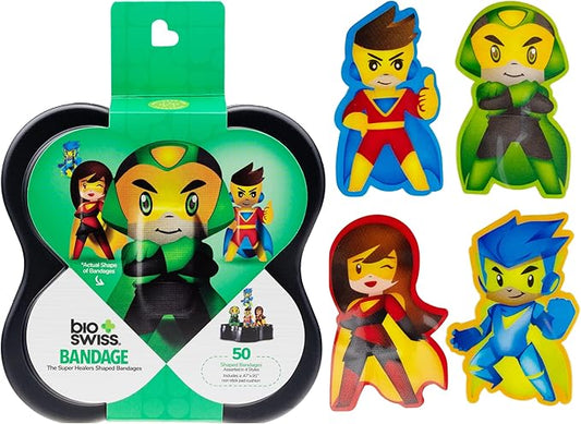 BioSwiss Bandages, Super Healers Superhero Shaped Self Adhesive Bandage, Latex Free Sterile Wound Care, Fun First Aid Kit Supplies for Kids and Adults, 50 Count-CubbioJoy