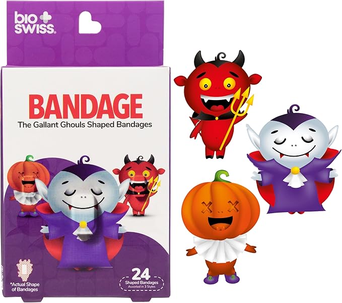 BioSwiss Bandages, Halloween Ghouls Shaped Self Adhesive Bandage, Latex Free Sterile Wound Care, Fun First Aid Kit Supplies for Kids and Adults, 24 Count-CubbioJoy