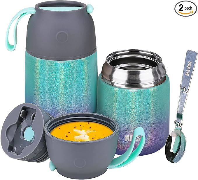 Insulated Thermo Food Jar for Hot & Cold Food for Kids Adult, 17&24 oz Soup Thermal Hot Food Containers for Lunch, Triple Layer Insulation Stainless Steel Food Jar with Spoon(2 Pack Rainbow)-CubbioJoy