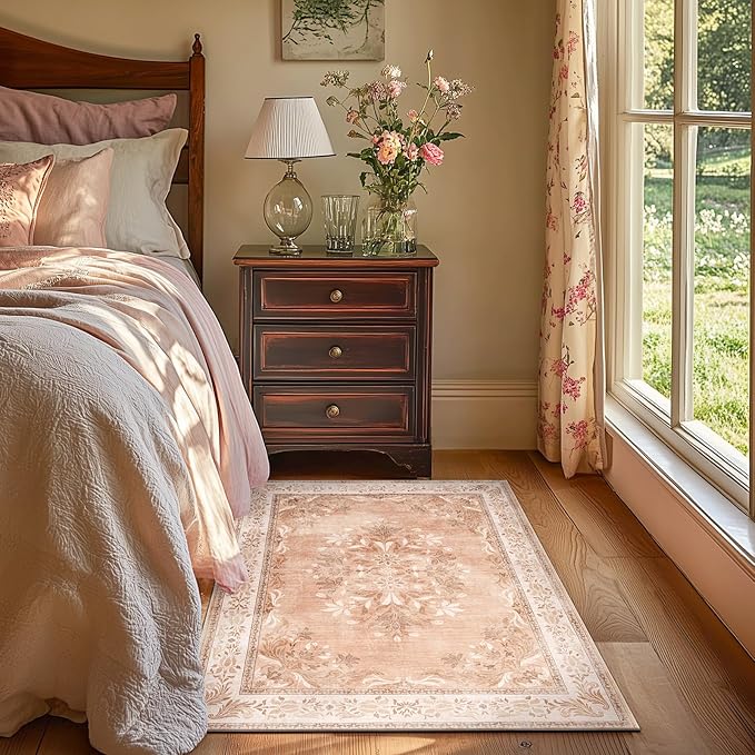 jinchan Vintage Floral 3x5 Area Rugs for Entryway - Machine Washable Distressed Design Ultra-Thin Low-Pile Soft Non-Shedding Carpet for Kitchen Bedroom Entrance Laundry Living Room (3x5ft,Coral Pink)-CubbioJoy