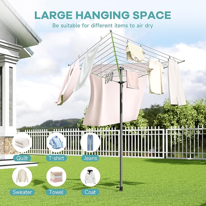 APEXCHASER Clothes Drying Rack, Outdoor Umbrella Drying Rack, Rotary Metal Drying Rack Clothing Foldable, 3-Arms Umbrella Clothesline with 98ft, Steel Frame, Backyard-CubbioJoy