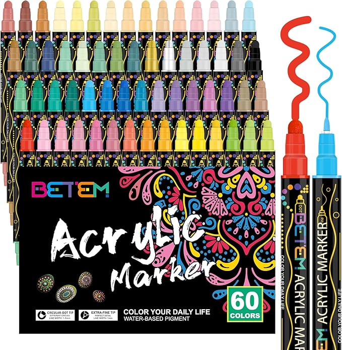 Betem 60 Colors Dual Tip Acrylic Paint Pens Markers, Premium Acrylic Paint Pens for Halloween Decorations, Wood, Canvas, Stone, Rock Painting, Glass, Ceramic Surfaces, Pumpkin Painting Kit DIY Crafts-CubbioJoy