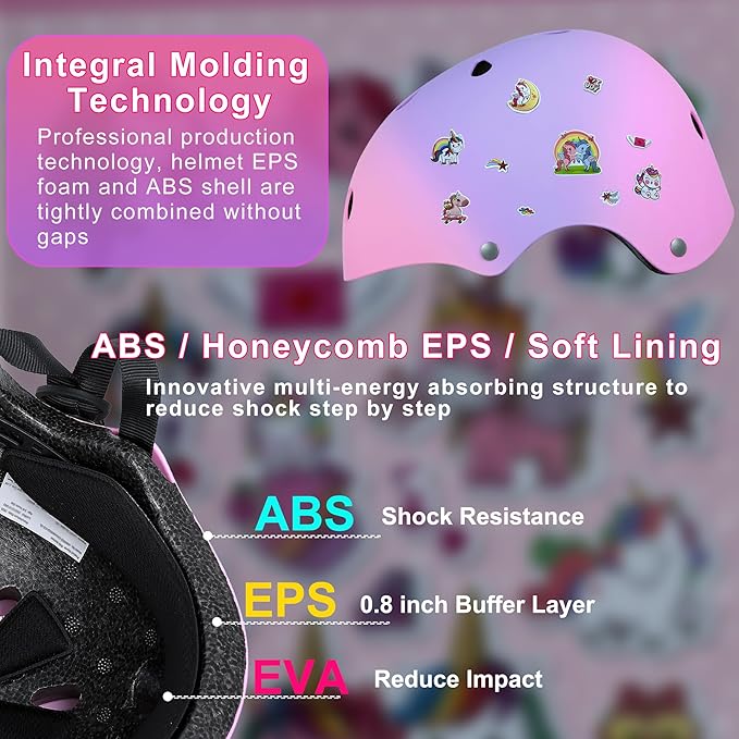 Kids Bike Helmet with DIY Stickers and Knee Pads Elbow Pads Wrist Guard Set for Ages 3-8-14 Toddler Boys Girls Helmet for Roller Skates Cycling Skateboarding Bicycle Scooter-CubbioJoy