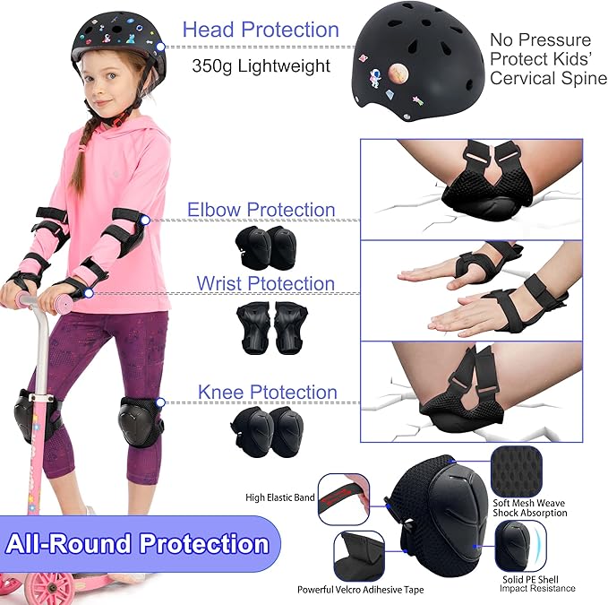 Kids Bike Helmet with DIY Stickers and Knee Pads Elbow Pads Wrist Guard Set for Ages 3-8-14 Toddler Boys Girls Helmet for Roller Skates Cycling Skateboarding Bicycle Scooter-CubbioJoy