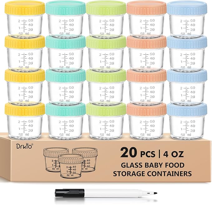 DRKIO 20 Pack Glass Baby Food Storage Containers 4 Oz Baby Food Jars with Lids Baby Food Maker Microwave Dishwasher Freezer Safe 100% Leak-Proof BPA Free-CubbioJoy