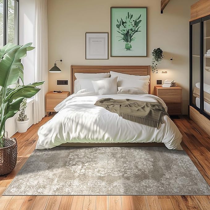 jinchan Washable Area Rug 6x9 for Living Room - Soft Faux Wool Ultra-Thin Stain Resistant Non-Slip Distressed Vintage Floral Large Carpet for Bedroom,Dining Room,Home Office,Nursery(Brown, 6'x9')-CubbioJoy