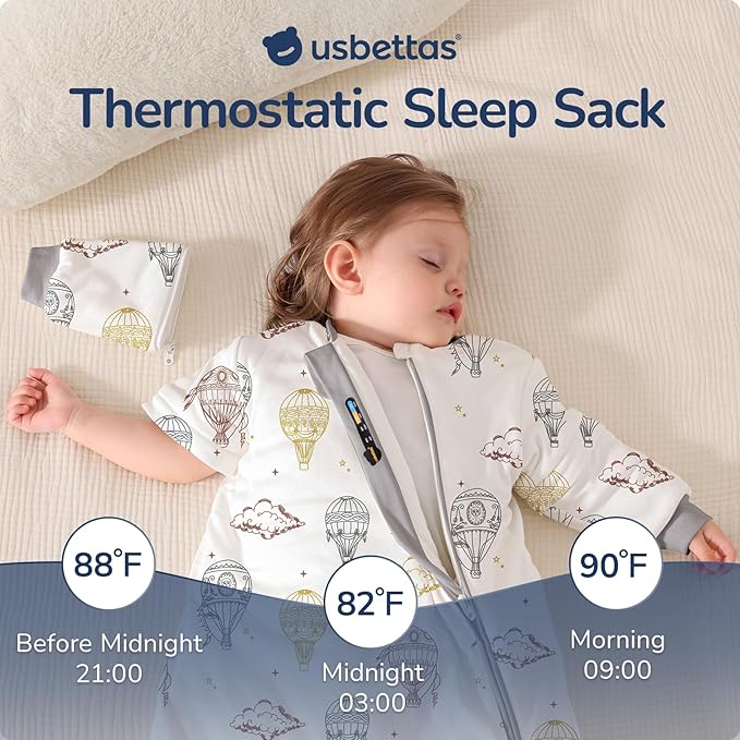Baby Sleep Sack 18-24 Months, Cotton Detachable Long Sleeve Sleep Sack, 1.0 Tog Toddler Sleeping Sack with Temperature Strips, 2-Way Zipper Wearable Blankets for Newborns, Hot Air Balloon-CubbioJoy