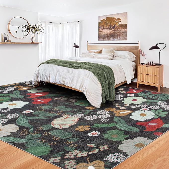 8x10 Area Rug for Living Room: Vintage Floral Washable Rug Soft Boho Non Slip Carpet Large Indoor Floor Non Shedding Low Pile Thin Carpets for Bedroom Dining Room Farmhouse Nursery Home Office Green-CubbioJoy
