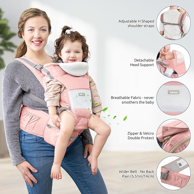 Baby Carrier with Hip Seat, Ergonomic M Position 6in1 Baby Carrier Newborn to Toddler,Head Support and Breathable Mesh Newborn Carrier,Adjustable Baby Holder Carrier for Dad&Mom-Pink-CubbioJoy