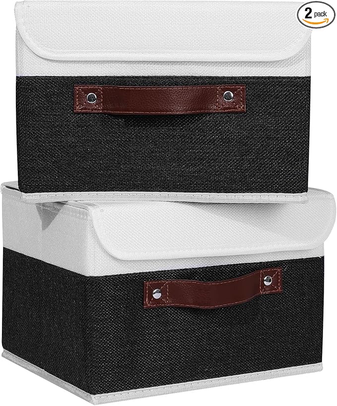ANMINY 2PCS Storage Boxes with Lid Washable Decorative Storage Bins Basket with PU Leather Handle Foldable Linen Fabric Storage Cubes Containers for Home Closet Organizer - Black White, Small Size-CubbioJoy