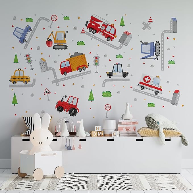 Car Wall Decals by Lipastick - Peel and Stick Transport Road Trucks Stickers for Boys Room, Toddler Bedroom, Baby Nursery, Kids Playroom, Living Room- Removable Decor - L Size-CubbioJoy