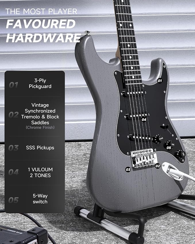 DONNER DST-80 Electric Guitar 39” Beginner Electric Guitar Kit with Amp, Classic SSS Pickup Complete with Gig Bag, Tuner, Capo, Strap, Picks, and Free Online Lessons-CubbioJoy