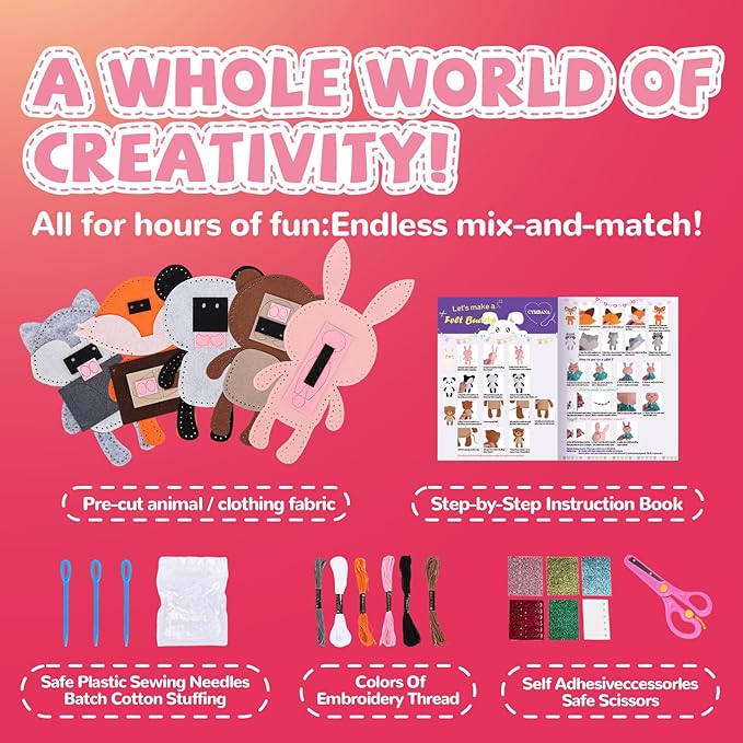 Cymbana Kid Sewing Craft Kit to Make a Friend for Beginner Felt Craft Learn to Sew, Panda Fox Bunny Raccoon Bear 5 Animals-CubbioJoy