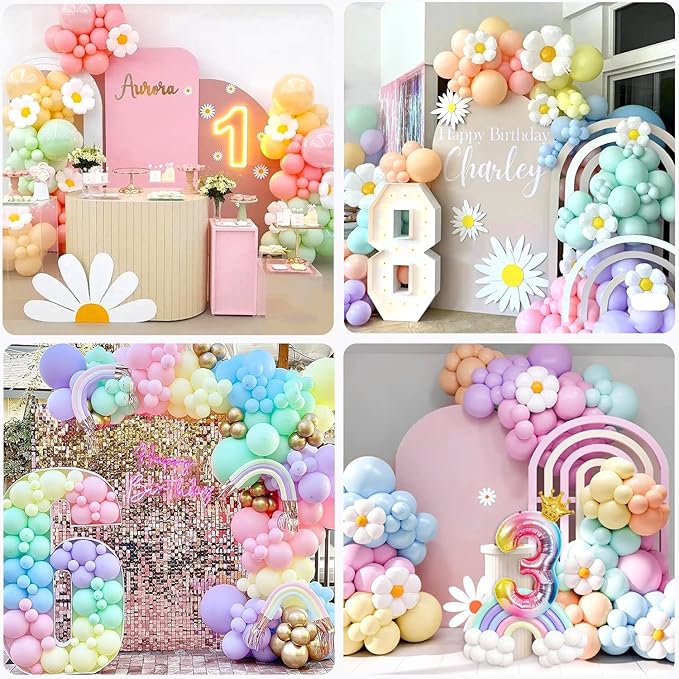 4th Birthday Decorations Girl Pastel, Slmeno 219Pcs Pastel Rainbow Balloon Arch Garland Kit, with Number 4 Balloons,Banner,Cake Toppers,12 3D Butterfly for 4 Year Old Girl Birthday Easter Party Decor-CubbioJoy