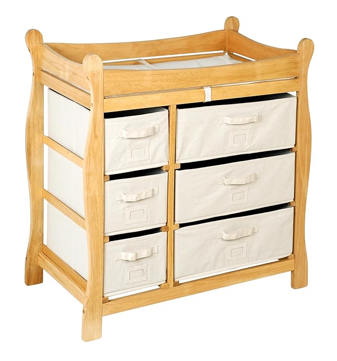 Badger Basket Sleigh Style Baby Changing Table - Diaper Station with 6 Removable Storage Baskets, Safety Rails, Pad, and Belt - Nursery Organizer - Natural/Ecru-CubbioJoy