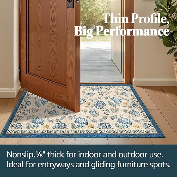 jinchan 3x5 Floral Rug for Entryway Washable Kitchen Rug Vintage Romance Design Small Mat Non Slip Indoor Doormat Lightweight Low-Profile Throw Carpet for Entrance Bathroom Laundry Room, Blue/Beige-CubbioJoy