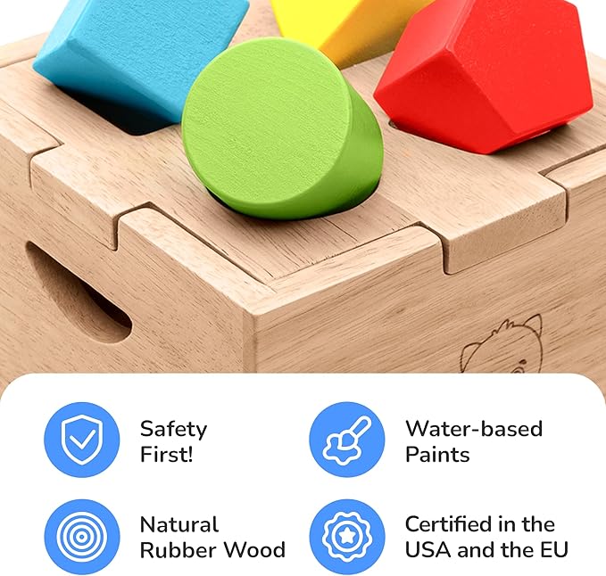Bimi Boo Wooden Shape Sorter Toy for Babies - Premium Simple Sorting Box with Noise-Reducing Silicone Pad - Classic Montessori Toy for Toddlers (8 Various Blocks, 1 Box, 1 Silicone Pad)-CubbioJoy