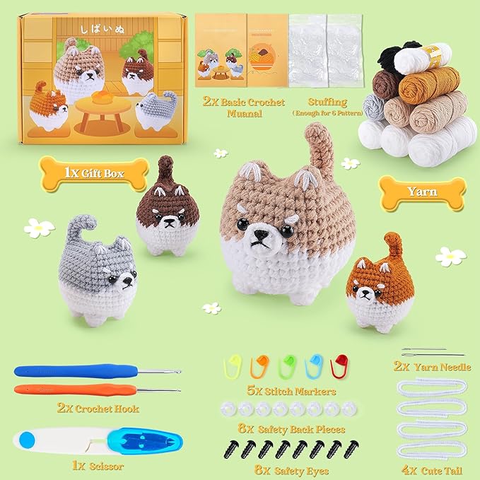 Crochet Kit for Beginners- 4 PCS Fat Shiba Inu Crochet Kits for Adults, 4PCS Corgi Dog Crochet Animal Kit with Step-by-Step Video Tutorials, Yarn, Crochet Hook, Instructions DIY Knitting Kit-CubbioJoy