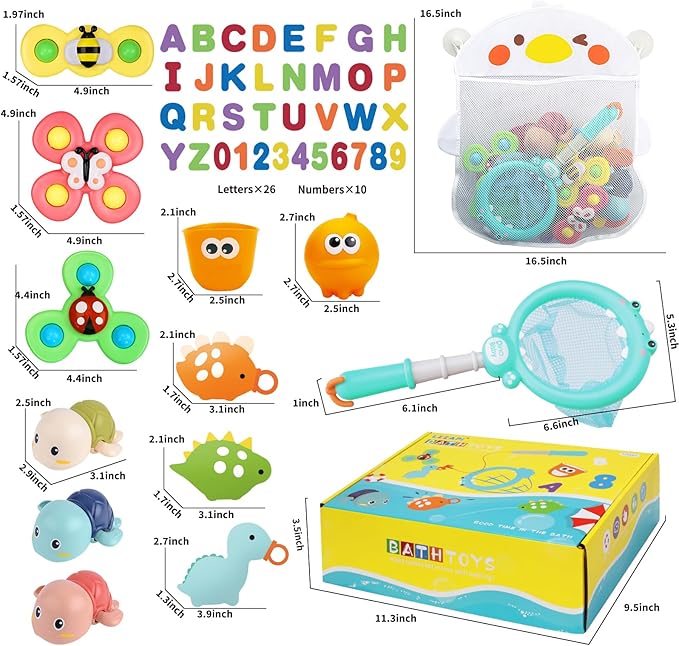 Baby Bath Toys for Toddlers 1-3, Kid Bathtub Toy with 36 Foam Bath Letter & Number, Fishing Games with Fish Net, Water Pool Toy with Storage Bag, Shower Toy Gift for Boy Girl Infant 1 2 3 4 5 6-CubbioJoy