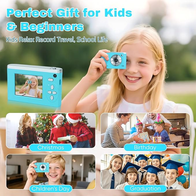 Digital Camera FHD 1080P Video & 8X Digital Zoom - Compact Point and Shoot Digital Camera with 2.4" Screen, 800mAh Rechargeable Battery - Portable Small Camera for Kids Teens Girls Boys (Teal)-CubbioJoy