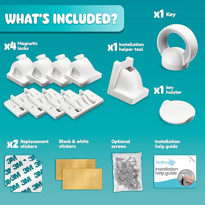 Booboo® Magnetic Child Safety Cupboard Locks for Children x4 Locks + x1 Key, Baby Proofing for Kitchen, Cabinets and Drawers, 30 Second Install No Drilling 3M Adhesive (4 Pack)-CubbioJoy