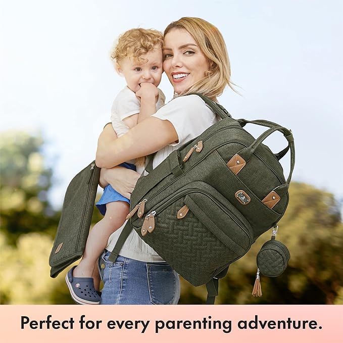 Dikaslon Diaper Bag Backpack with Portable Changing Pad, Pacifier Case and Stroller Straps, Large Unisex Baby Bags for Boys Girls, Multipurpose Travel Back Pack for Moms Dads, Army Green-CubbioJoy