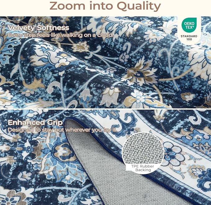 6x9 Area Rug for Living Room & Bedroom, Washable Non-Slip Vintage Rugs, Floral Soft Carpet, Low Pile Wool Carpets for Indoor Dining Home Office Playroom Under Table, Modern Decor, Blue Garden-CubbioJoy