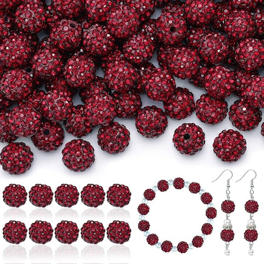 160pcs 10mm Rhinestone Beads for Jewelry Making, Dark Red Shiny Round Disco Ball Beads Bulk, Sparkle Crystal Clay Christmas for Bracelet Baseball Necklace Earring Crafting and DIY-CubbioJoy