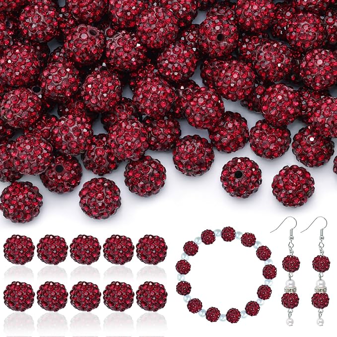 200pcs 10mm Rhinestone Beads for Jewelry Making, Dark Red Shiny Round Disco Ball Beads Bulk, Sparkle Crystal Clay Christmas for Bracelet Baseball Necklace Earring Crafting and DIY-CubbioJoy