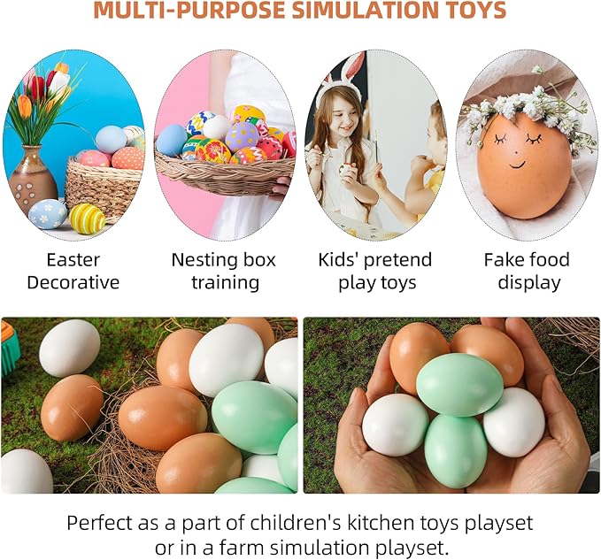 CALPALMY (24 Pieces) Hyper-Realistic Wooden Eggs - 3 Colors Wooden Fake Eggs for Easter, Painting, Decorating, Crafting, Fake Food, and Nest Box Training (8pcs Brown, 8pcs White, 8pcs Green)-CubbioJoy