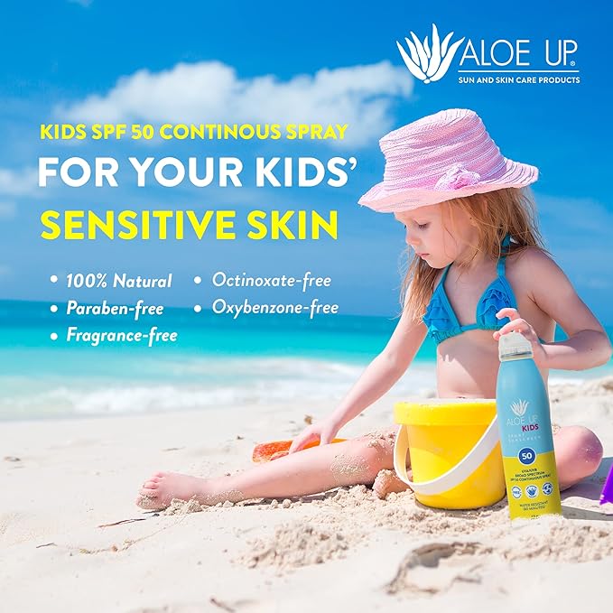 Aloe Up Kids Continuous Sport Sunscreen Spray SPF 50 - Broad Spectrum Sheer Face and Body Sunscreen Protector for Sensitive Skin - With Aloe Vera Gel - Dries Fast - Reef Safe - Fragrance-Free - 5.5 Oz-CubbioJoy
